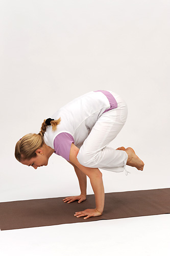 <b>CROW (KAKASANA)</b> – The Crow strenghtens the arms and wrists. It helps to increase the powers of concentration and remove lethargy; promotes physical and mental balance.